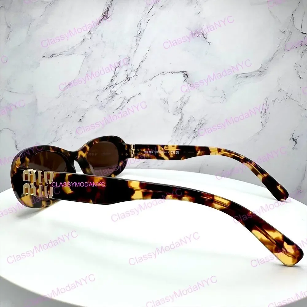 NEW MIU MIU Sunglasses Brown Oval Gold Spelled Out Logo New Authentic Tortoise